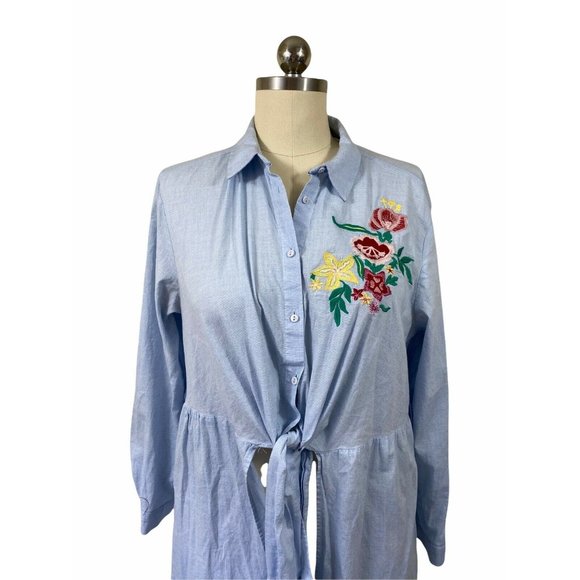 Zara Womens Shirt Maxi Duster Medium Blue Embroidered Floral Collared Tie Front - Picture 3 of 12